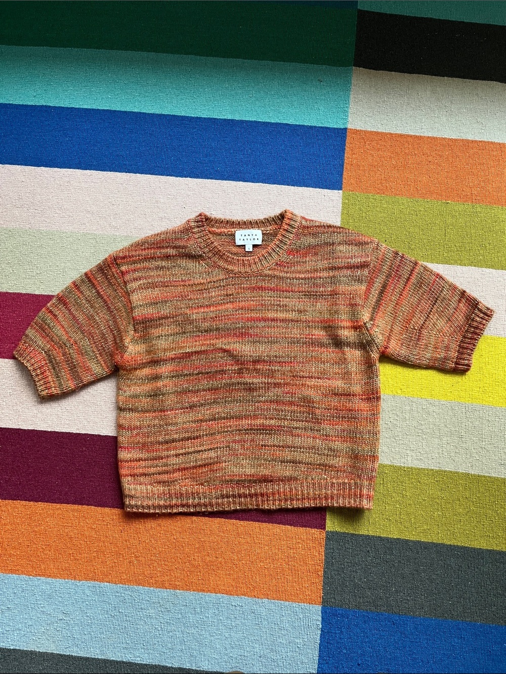 Tanya Taylor Orange Multi-Tone Short Sleeve Crewneck Sweater